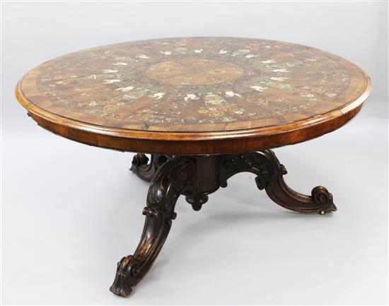 A Victorian walnut, crossbanded, sycamore, ivory, mother of pearl, brass, copper and pewter marquetry centre table, in the manner of R.